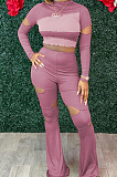 Purple Wholesal Spliced Long Sleeve Round Collar Crop Top Hollow Out High Waist Ruffle Flared Pants Two-Piece LM88805-1