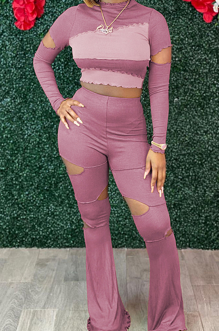Purple Wholesal Spliced Long Sleeve Round Collar Crop Top Hollow Out High Waist Ruffle Flared Pants Two-Piece LM88805-1