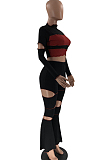 Purple Wholesal Spliced Long Sleeve Round Collar Crop Top Hollow Out High Waist Ruffle Flared Pants Two-Piece LM88805-1