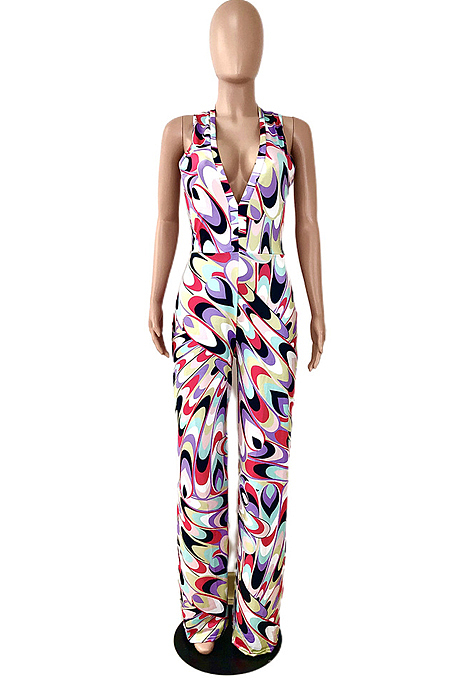 Colorful Printing Sleeveless Deep V Neck Collcet Waist Wide Leg Jumpsuits YNS1671