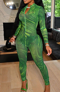 Green Fashion Printing Long Sleeve Stand Neck Zippet Collcet Waist Bodycon Jumpsuits MTY6570-2