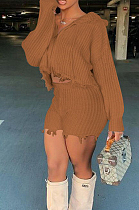 Camel Autumn And Winter Simple New Long Seeve Hoodie Zippet Sweater Shorts Solid Color Two-Piece F88386-2