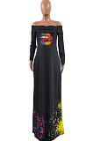 Wholesal New Lips Printing Long Sleeve A Word Shoulder Loose Collcet Waist Long Dress H1688