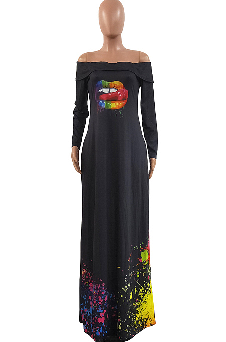 Wholesal New Lips Printing Long Sleeve A Word Shoulder Loose Collcet Waist Long Dress H1688