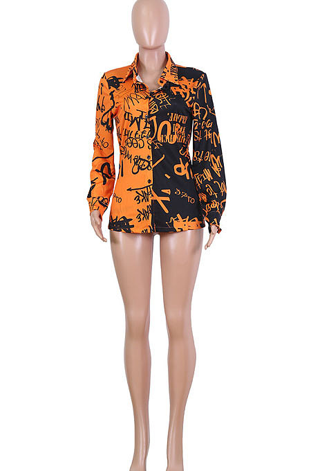 Pink Women Graffiti Printing Turn-Down Collar Long Sleeve Cardigan Loose Shirts NK057-2