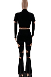 Purple Wholesal Spliced Long Sleeve Round Collar Crop Top Hollow Out High Waist Ruffle Flared Pants Two-Piece LM88805-1