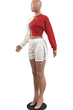 Blue Fashion Eyelet Bandage Spliced Long Sleeve Round Neck Fleece Shorts Two-Piece H1682-2