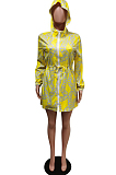 Orange Casual Printing Long Sleeve Zipper Beltband Drawsting Hoodie Coat Shorts Sport Two-Piece F88388-3