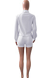 Rose Red Women Roman Cloth Long Sleeve Solid Color Cardigan Sport Casual Shorts Sets NK259-3