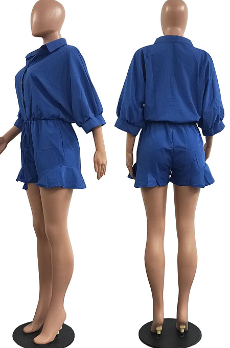 Cream White Casual Half Sleeve Lapel Collar Single-Breasted Elesticband Ruffle Solid Color Romper Shorts H1685-2