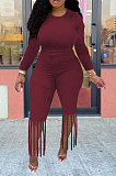 Black Cotton Blend Long Sleeve O Collar Bodycon Top High Waist Wide Leg Pants Cute Tassel Sets MTY6563-2