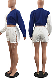 Black Fashion Eyelet Bandage Spliced Long Sleeve Round Neck Fleece Shorts Two-Piece H1682-3