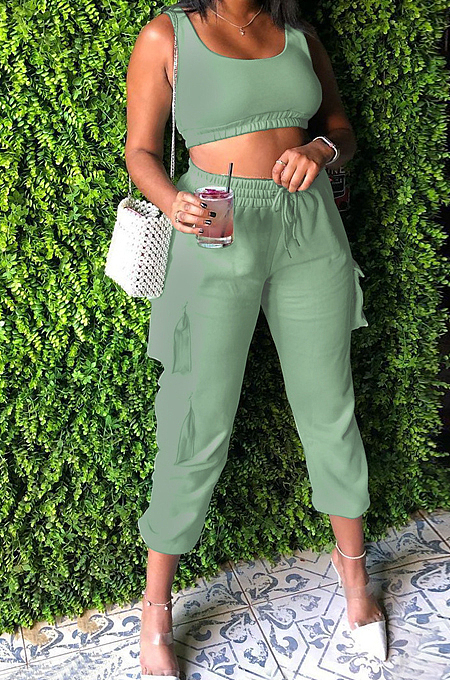 White Sleeveless U Neck Tank With Pocket Drawsting Sweat Pants Solid Color Casual Yoga Sets H1651-6