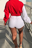 Blue Fashion Eyelet Bandage Spliced Long Sleeve Round Neck Fleece Shorts Two-Piece H1682-2