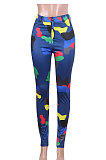 Blue Women Camo Printing Bodycon Mid Waist Long Pants NK0100-1