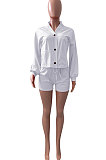 Orange Women Roman Cloth Long Sleeve Solid Color Cardigan Sport Casual Shorts Sets NK259-2
