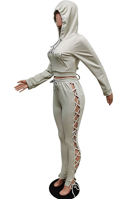 Red New Cotton Blend Long Sleeve Hoodie Sweat Pants Eyelet Bandage Pure Color Sets F88382-2