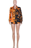 Orange Women Graffiti Printing Turn-Down Collar Long Sleeve Cardigan Loose Shirts NK057-1