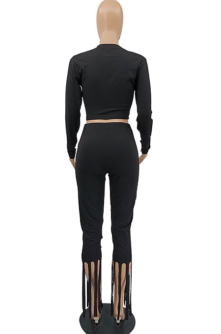 Black Cotton Blend Long Sleeve O Collar Bodycon Top High Waist Wide Leg Pants Cute Tassel Sets MTY6563-2