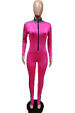 Blue Fashion Pure Color Printing Long Sleeve Stand Collar Zippet Slim Fitting Bodycon Jumpsuits F88387-2