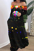 Wholesal New Lips Printing Long Sleeve A Word Shoulder Loose Collcet Waist Long Dress H1688