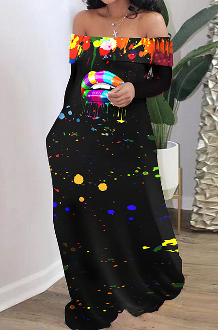 Wholesal New Lips Printing Long Sleeve A Word Shoulder Loose Collcet Waist Long Dress H1688