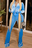 Dark Blue Women Korea Velvet  Long Sleeve Zipper Spliced Sport Pants Sets NK263-11