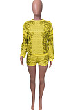 White Women Positioning Printing Casual Long Sleeve Round Collar Blouse Shorts Sets NK257-1