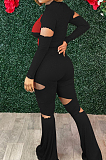 Pink Wholesal Spliced Long Sleeve Round Collar Crop Top Hollow Out High Waist Ruffle Flared Pants Two-Piece LM88805-2