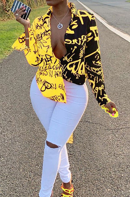 Orange Women Graffiti Printing Turn-Down Collar Long Sleeve Cardigan Loose Shirts NK057-1