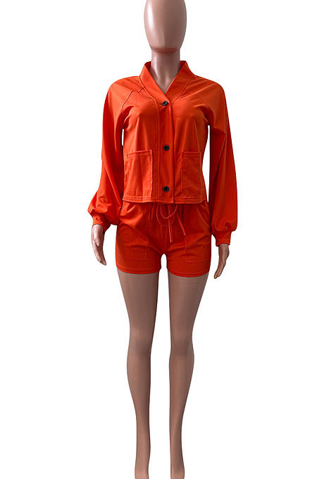 White Women Roman Cloth Long Sleeve Solid Color Cardigan Sport Casual Shorts Sets NK259-1
