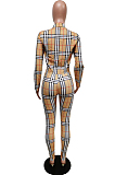 Purple Plaid Printing Long Sleeve Lapel Neck Single-Breadsted Shirts Bodycon Pants Sets F88381-3