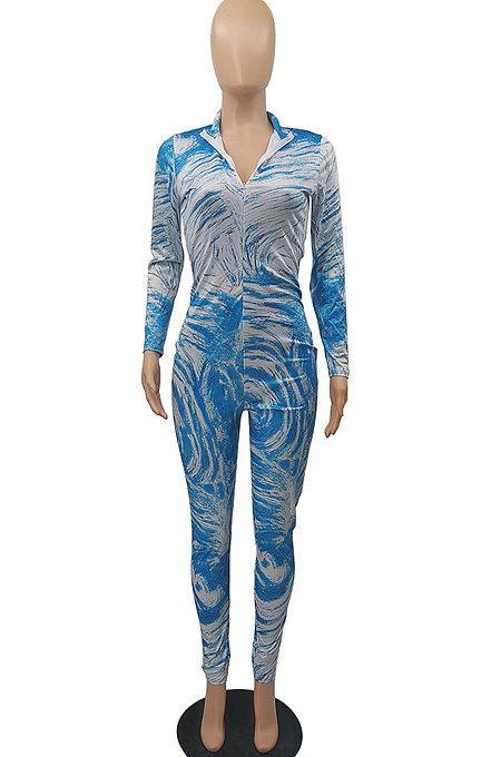 Khaki Fashion Printing Long Sleeve Stand Neck Zippet Collcet Waist Bodycon Jumpsuits MTY6570-3