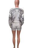 White Women Positioning Printing Casual Long Sleeve Round Collar Blouse Shorts Sets NK257-1