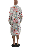White New Autumn Winter Printing Long Sleeve Lapel Neck Loose Lantern Dress H1683
