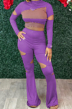 Pink Wholesal Spliced Long Sleeve Round Collar Crop Top Hollow Out High Waist Ruffle Flared Pants Two-Piece LM88805-2