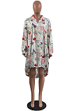White New Autumn Winter Printing Long Sleeve Lapel Neck Loose Lantern Dress H1683