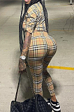 Khaki Plaid Printing Long Sleeve Lapel Neck Single-Breadsted Shirts Bodycon Pants Sets F88381-1