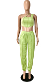 Blue Summer Pure Color Spliced Oblique Shoulder Condole Belt Tank Loose Ankle Banded Pants Sets YNS1662-3