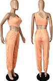 Blue Summer Pure Color Spliced Oblique Shoulder Condole Belt Tank Loose Ankle Banded Pants Sets YNS1662-3