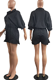 Pink Casual Half Sleeve Lapel Collar Single-Breasted Elesticband Ruffle Solid Color Romper Shorts H1685-1