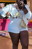 White Women Roman Cloth Long Sleeve Solid Color Cardigan Sport Casual Shorts Sets NK259-1