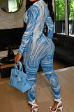Green Fashion Printing Long Sleeve Stand Neck Zippet Collcet Waist Bodycon Jumpsuits MTY6570-2