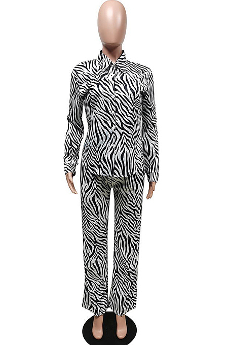 White Decorative Pattern Long Sleeve Lapel Neck Single-Breasted Shirts High Waist Shift Pants Two-Piece F88385-1