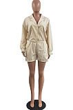Red Autumn And Winter Pure Color Long Sleeve Lapel Collar Collcet Waist Elestic Drawsting Romper Shorts H1687-3