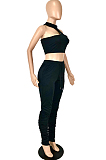Cyan Cotton Blend Irregularity Sleeveless High Neck Tank Drawsting Ruffle Pants Solid Color Two-Piece YNS1663-3