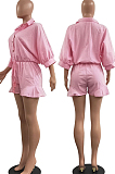 Red Casual Half Sleeve Lapel Collar Single-Breasted Elesticband Ruffle Solid Color Romper Shorts H1685-3