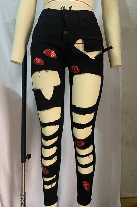 Black Hloe Elastic Force Lips Embroidered Jeans Pants  NZ914