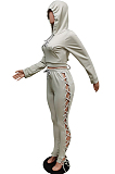 Gray New Cotton Blend Long Sleeve Hoodie Sweat Pants Eyelet Bandage Pure Color Sets F88382-1