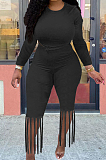 Light Purple Cotton Blend Long Sleeve O Collar Bodycon Top High Waist Wide Leg Pants Cute Tassel Sets MTY6563-1